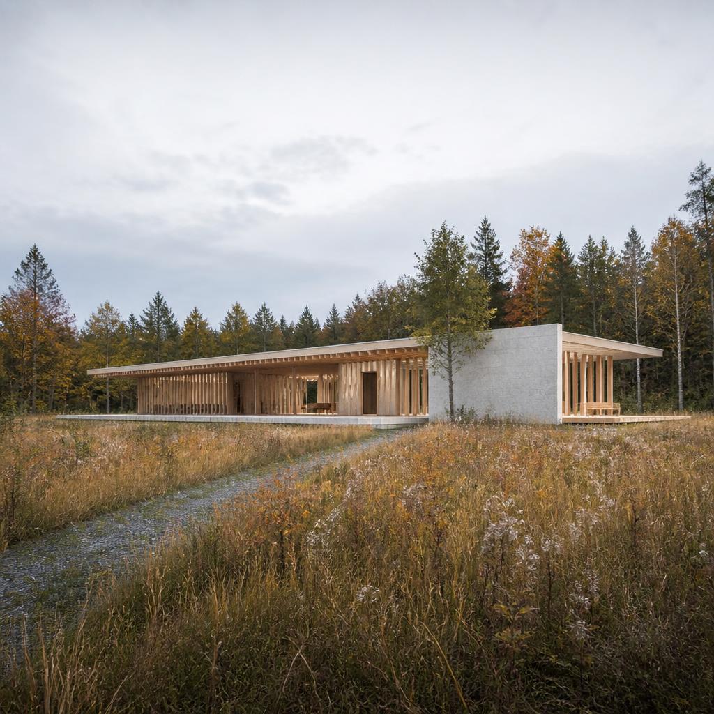 Pavillon conceptuel en bois dans un paysage québécois