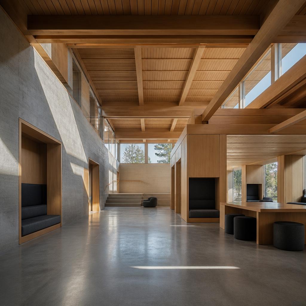 Espace commun conceptuel en bois baigné de lumière
