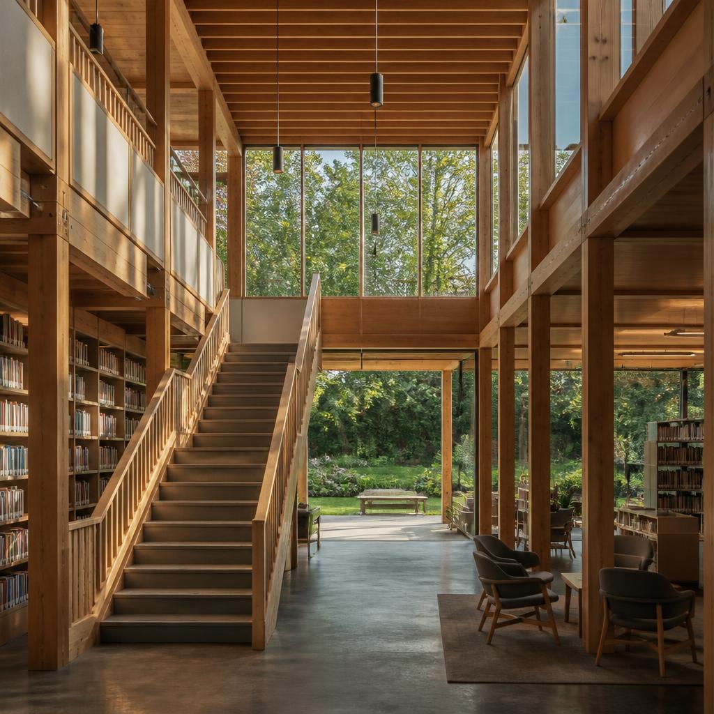 Bibliothèque conceptuelle en bois ouverte sur un jardin